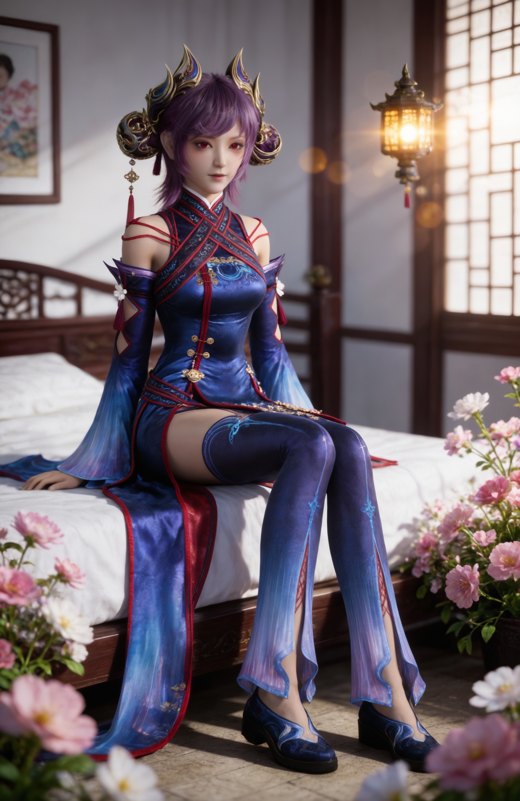 <lora:牧神记-司芸香Pony:0.8>,1girl,hair ornament,red eyes,purple hair,horns,lips,blue dress,bare shoulders,wide sleeves,detached sleeves,chinese clothes,thighhighs,shoes, stairs,pink flower,blurry,sitting,full body,, realistic style photo,outstanding style,adding a touch of dimension to your images without compromising details,whirls of vapor,(Anime:1.1),ethereal ambiance,delicate details,magical atmosphere,concept art,highly detailed,ultra-high resolution,32K UHD,sharp focus,best-quality,masterpiece,golden hour,unconventional supreme masterpiece,masterful details,temperate atmosphere,with a high-end texture,in the style of fashion photography,magazine style,Dynamic Angle,Dynamic posture,magazine style,Dynamic Angle,Dynamic posture,(cowboy_shot:1.2),eye trail,depth of field,cinematic lighting,lens flare,extreme aesthetic,(wlop:0.6),(honjou raita,lack,rella,wanke:0.5),masterpiece,best quality,good quality,newest,year 2025,very aesthetic,absurdres,Visual impact,A shot with tension,ultra-high resolution,32K UHD,sharp focus,best-quality,masterpiece,Emotionalization,unconventional supreme masterpiece,masterful details,temperate atmosphere,with a high-end texture,in the style of fashion photography,(Visual impact:1.2),giving the poster a dynamic and visually striking appearance,, 1girl,solo,sitting,window,frills,indoors,closed_mouth,looking at viewer,chinese architecture,lantern,Tables,stool,bedroom,cup,bed,upper body,