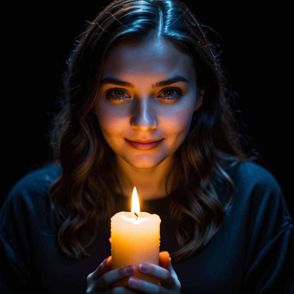 extremely detailed 16k UHD RAW photo of a woman with a candle in a pitch-black dark background,  taken by a professional p...