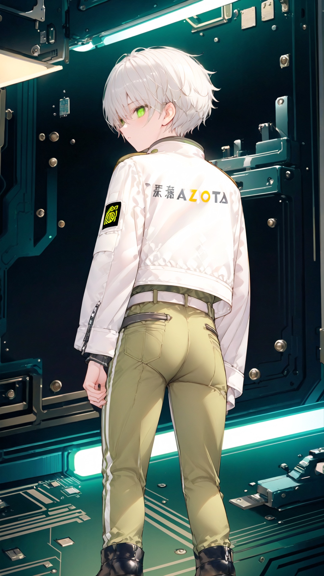 阿索, (masterpiece), (best quality), 1 boy, over 20 years old, outgoing, sunny and handsome, Green pants, black boots, white jacket, Stand up collar jacket, (sci-fi style), Silver short hair, white belt, Green pupils, 1boy, male focus, pants, solo, white hair, green eyes, jacket, from behind, Reality,science fiction,light-emitting circuit boards,chips,high-tech, The logo on the clothing is Zotac,<lora:阿索SD1.5:1>,