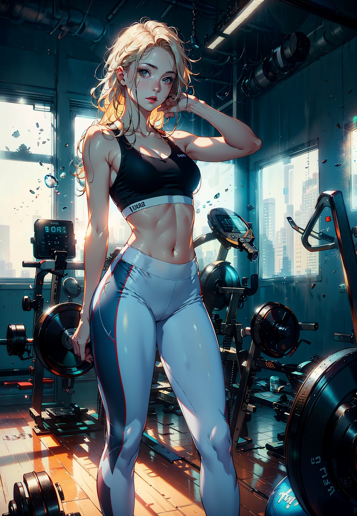 (realistic photo shot in a dark studio),  (medium full body shot),  (20 year old girl sexy poses in the gym) on Tensor.Art