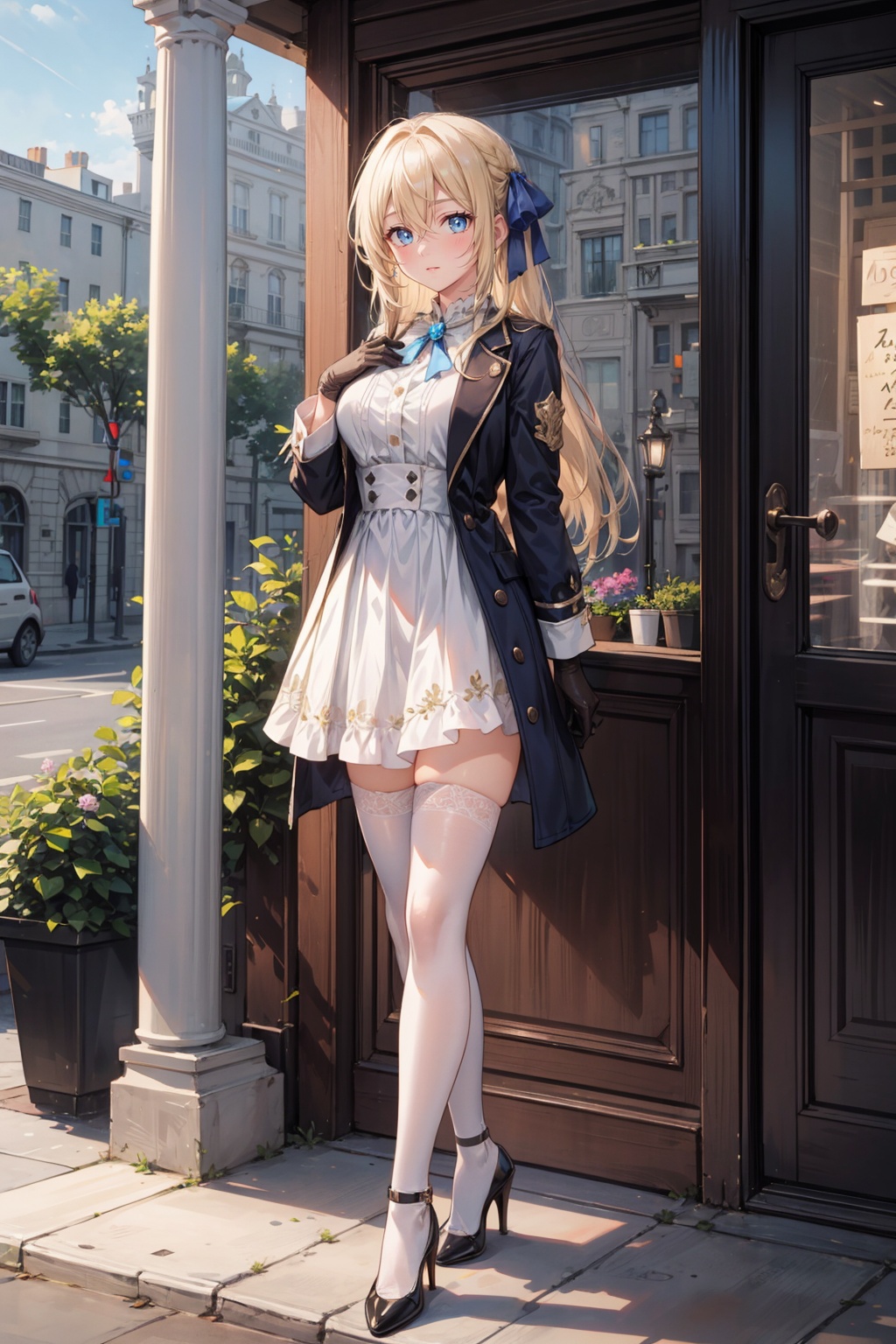 1girl,solo,looking at viewer,bangs,blue eyes,blonde hair,gloves,long sleeves,dress,ribbon,hair between eyes,jewelry,jacket,hair ribbon,outdoors,white dress,cosplay,hair intakes,blue jacket,hand on own chest,brooch,brown gloves,violet evergarden,<lora:add_detail:0.5>,(masterpiece, best quality, high quality, highres, ultra-detailed),<lora:gzc_cyan-000002:0.2>,<lora:guang:0.2>,<lora:shenmingshaonv2-000004:0.2>,large breasts,closed mouth,full body,standing,long hair,high_heels,thighhighs,