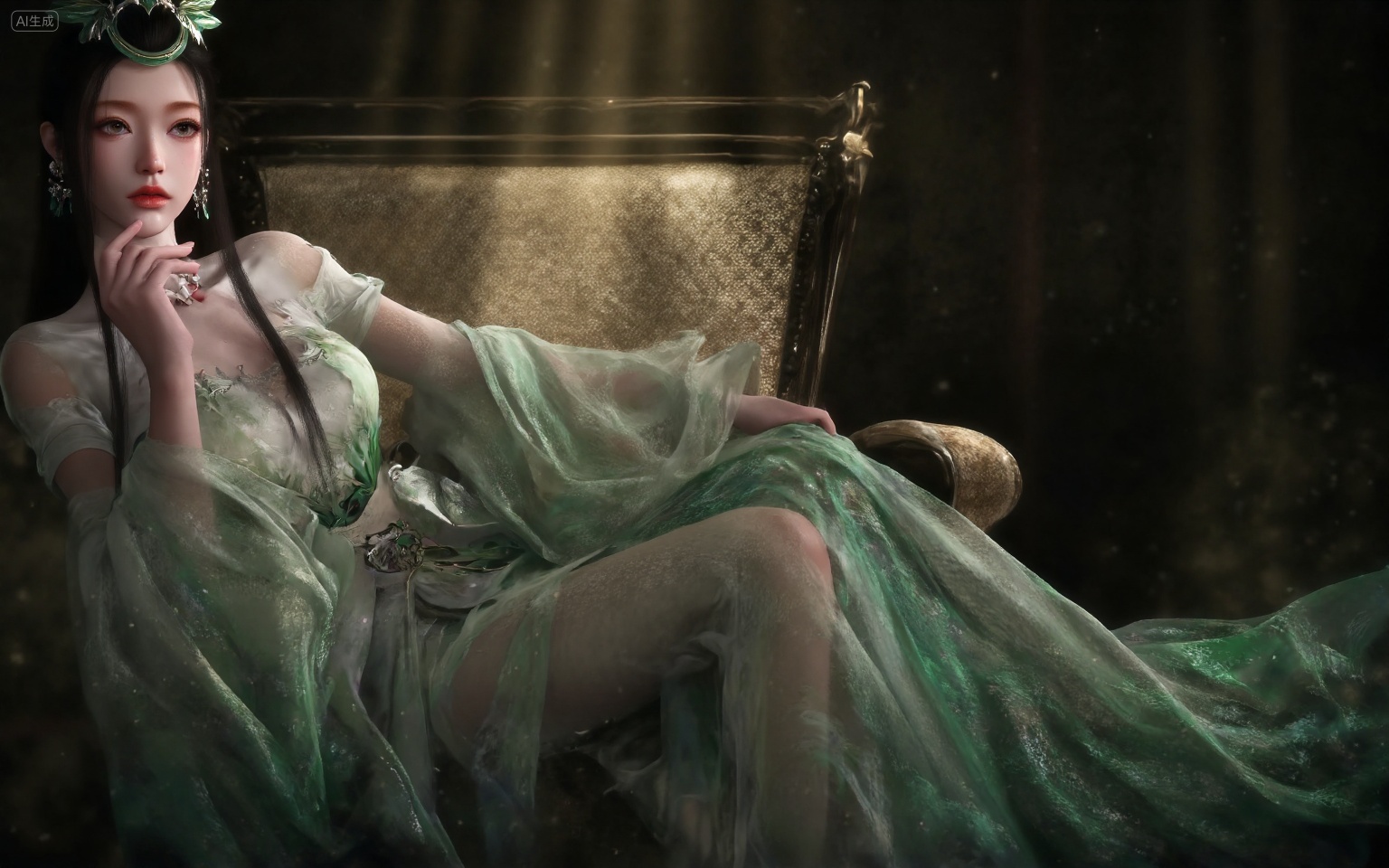 This is a CGI image of a young Asian woman with pale skin and long black hair,dressed in a flowing,ethereal white and green gown with a leafy design. She wears a crown-like headpiece with a plunging neckline,revealing ample cleavage. Her large,expressive eyes and red lips are striking.,, She sits in a large,ornate chair with her legs crossed and her left leg resting over her right knee. Her left arm is bent,with her hand resting against her cheek,while her right arm rests on the armrest of the chair. Her posture is relaxed yet confident,exuding an air of authority. The scene is enhanced by dramatic lighting that creates a soft golden glow on her skin and highlights the textures of the chair. Shadows are cast strategically to add depth and contrast,enhancing the luxurious and regal atmosphere of the setting. best quality,astonishing quality,ultimate aesthetics,absurd,best quality,ultimate aesthetics,masterpiece,emotional masterpiece,extraordinary above all,mastery of details,, Negative prompt: ng_deepnegative_v1_75t,(badhandv4:1.2),EasyNegative,(worst quality:2),,nsfw, Steps: 30, Sampler: DPM++ 2M, CFG scale: 3.5, Seed: 2627012017, Size: 1536x960, Model hash: 062dad72b2, Model: 麦橘超然majicFlus_v1.safetensors, Denoising strength: 0, RNG: CPU, Lora 1: 20250826-1756215252808-0010, Lora Hash 1: 3ac711167d, Lora Weight 1: 1.05, Lora 2: MAJICFLUS_麦橘光影约拍, Lora Hash 2: 158a204aee, Lora Weight 2: 0.7, Lora 3: 《绿野仙踪》|治愈系插画艺术, Lora Hash 3: 61e9606795, Lora Weight 3: 0.7, Controlnet 0: "preprocessor: dw_openpose_full, model: InstantX-FLUX.1-dev-Controlnet-Union-Pro-2.0, weight: 0.7, starting/ending: (0.0, 0.7), resize mode: Crop and Resize, pixel_perfect: False, control mode: Balanced, preprocessor params: (512, None, None)", vae_name: automatic