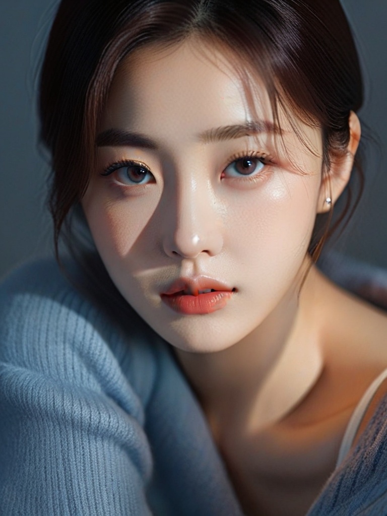 breathtaking breathtaking a young woman,looking at the camera,posing,ulzzang,naver fanpop,ffffound,streaming on twitch,character album cover,blues moment,style of Alessio Albi,daily wear,moody lighting,appropriate comparison of cold and warm,reality,monkren,<lora: Optimization XL:0.8>, . award-winning, professional, highly detailed
