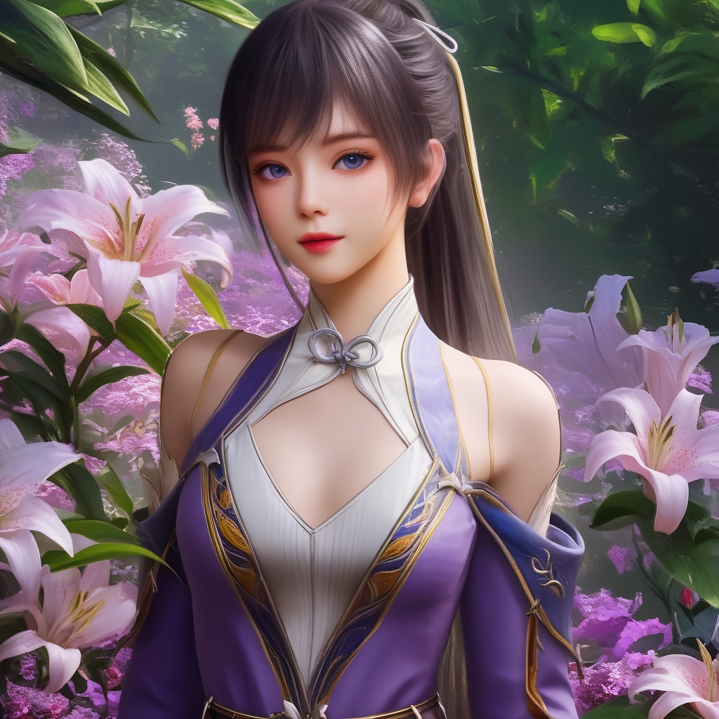 <lora:849-DA-XL-斗罗大陆-唐雅:0.8>, (,1girl, ,best quality, ),,  ,ultra detailed 8k cg,ultra realistic 8k cg,1girl, solo,(bare shoulders:0.85),(masterpiece, best quality),((oil painting style)),sexy young lady,(beautiful face and eyes),(upper body:1.5),(whole body:1.05),(single person:1.2),surrounded by flowers, (lily), roses, floret, vegetation, white, purple, purplish pink,Impressionism,colorful,(Breast size:1.3),(cleavage),,