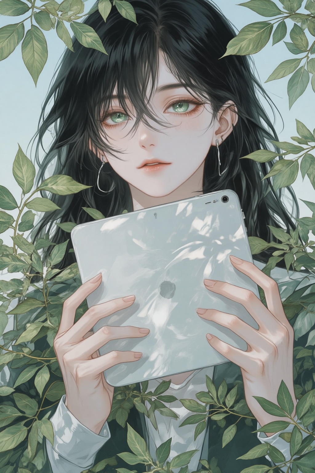 ZOZ_WEIMEIW,ZOZ_DMAM,a digital illustration,a digital illustration shoot from a close-up camera angle about a young woman with long black hair and green eyes holding a white tablet,surrounded by green leaves,the image also shows soft lighting and a serene atmosphere,on the middle of the image,a 20 years old woman appears to be looking at the viewer with a neutral expression,she has a slender physique and fair skin,her hair is styled in long hair and falls between her eyes,she is wearing no clothing or accessories,her green eyes are looking directly at the camera,her lips are parted and she is holding the tablet in her hands,the background is a clear blue sky with some green leaves scattered around,