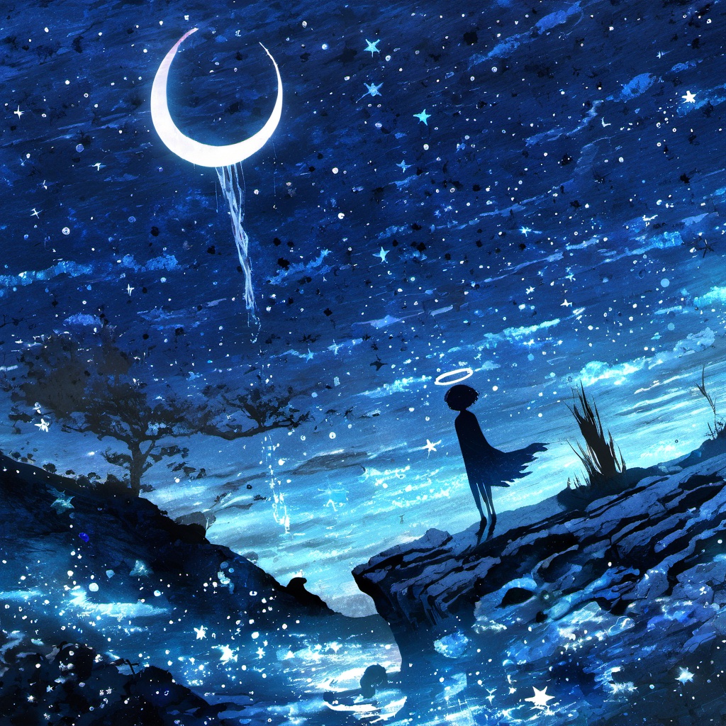 <lora:star_xl_v1:1>,The image portrays a serene nighttime scene with a silhouette of a female figure standing on a rocky terrain. She has a halo around her head, suggesting a celestial or ethereal nature. The sky is filled with stars, and there's a crescent moon visible in the top right corner. Above her, there are fish swimming in the vast expanse of the cosmos. The entire scene is bathed in a deep blue hue, giving it a dreamy and otherworldly ambiance., serene nighttime scene, silhouette of a female figure, halo around her head, stars, crescent moon, rocky terrain, fish swimming, deep blue hue