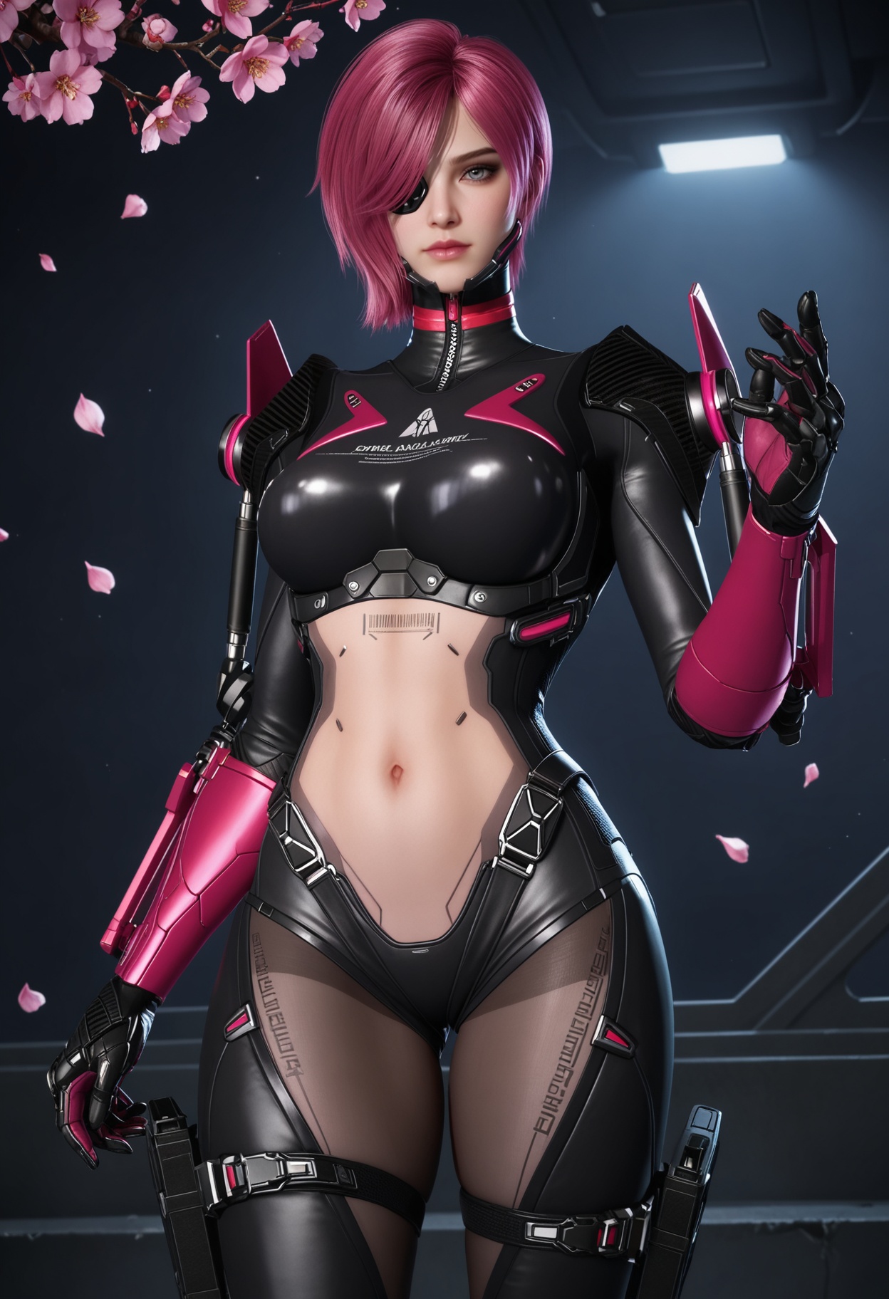 (cowboy shot:1.2),looking at viewer:1.1,masterpiece,(best quality),smog,Dark room,dim lighting,peach blossom,falling petals,<lora:YQ_Illustrious光辉v5_缇娜_V1:0.8>,q1528437228,1girl,solo,pink hair,short hair,bodysuit,hair over one eye,gloves,blue eyes,red hair,black bodysuit,boots,holster,armor,eyepatch,skin tight,tattoo,mechanical arms,thighhighs,one eye covered,cyborg,thigh strap,thigh holster,grey eyes,high heels,purple hair,thighs,crop top,