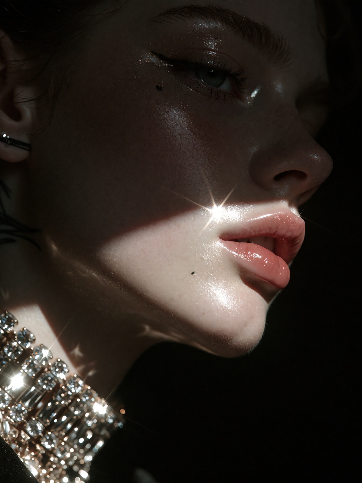 A close-up profile shot captures a woman in deep shadow against an absolute black backdrop. The image focuses on her face...