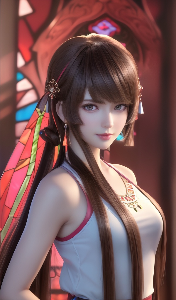 (,1girl, ,best quality, ),looking at viewer, <lora:386-DA-永生-红怡:0.8> ,,ultra detailed background,ultra detailed background,ultra realistic 8k cg,,, (close-up portrait),(upper body:1.22),(realistic:1.11),(Photo-referencing),HDR,Studio Lighting,Soft Lighting, ,, a slender petite little girl,Delicate muscle lines,(Skinny body),(solo:1.5),( looking at viewer:1.22),The white shiny skin, (smirk:1.2),(dynamic pose),(arms behind back),arms at sides, (very long payot),(Absurdly long Brown straight hair:1.22),parted bangs, (floating hair), (jewelry:1.17), necklace, earrings,(colorful:1.27),(stained glass background),(),(()),,