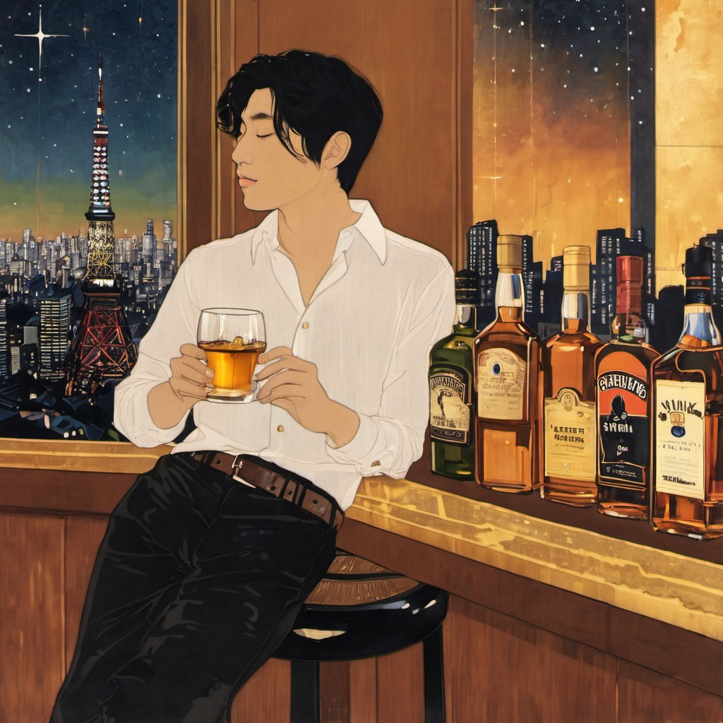 <lora:ukiyo-e_xl:1>,solo,short hair,brown hair,shirt,1boy,holding,sitting,closed eyes,male focus,sky,collared shirt,pants,indoors,cup,window,night,chair,table,bottle,building,star \(sky\),night sky,holding cup,alcohol,sleeves rolled up,drinking glass,watch,city,drinking,glass,wristwatch,cityscape,city lights,whiskey,1girl,black hair,profile,black pants,a young individual,possibly male,sitting at a bar counter,he is sipping from a glass which contains a golden-colored liquid possibly whiskey,the bar counter is adorned with a variety of bottles and each labeled with different brands and types of alcohol,the backdrop reveals a breathtaking view of tokyo tower illuminated against a night sky filled with stars,the city lights shimmer casting a warm glow on the scene,the ambiance is serene with a touch of nostalgia,suggesting a moment of reflection or relaxation for the individual,young individual,bar counter,golden-colored liquid,bottles,brands,tokyo tower,stars,ambiance,reflection,负向提示
