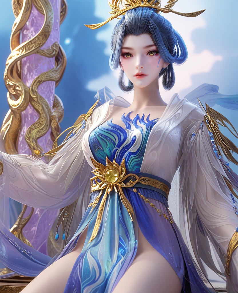 (legs apart:1.1),(large breasts:1.2),<lora:XL16云深不知梦烛照神女:0.95>,miss zhuzhao,white hanfu coat over blue base dress,hagoromo,yellow eyes,eyelashes,facial mark,blue hair,looped bun with tresses,hair ornament,jewelry,elbow gloves,, score_9,score_8_up,score_7_up,score_6_up,score_5_up,score_4_up,3d rendering,tag1,tag2, Cinematic Lighting,backlighting,