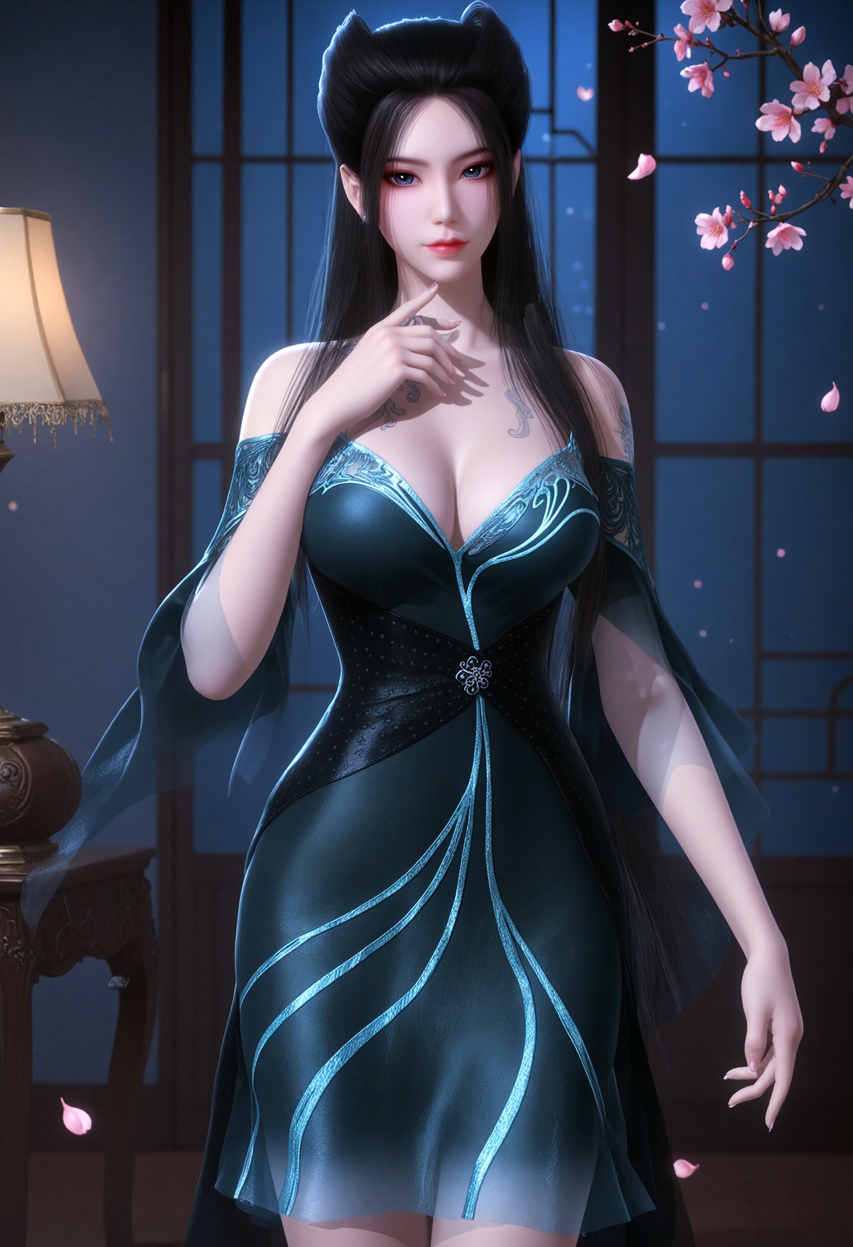 (cowboy shot:1.2),(gigantic breasts:0.6),(slender:1.3),(looking_at_viewer:1.1),(masterpiece:1.1),(best quality:1.2),(intricate details),dim lighting,(smog:1.3),(Dark room:1.3),(dim lighting:1.3),peach blossom,falling petals,<lora:YQ_li光辉v5_焰灵姬蓝衣_V1:0.8>,1girl,solo,q1528437228,black_hair,long_hair,dress,bare_shoulders,breasts,blue_eyes,realistic,cleavage,hair_bun,detached_sleeves,jewelry,blue_dress,earrings,high_heels,black_dress,piercing,tattoo,ear_piercing,shoes,footwear,masterpiece,(best quality),(intricate details:0.9) BREAK masterpiece,(best quality),(intricate details:0.9),(realistic skin:1.2),