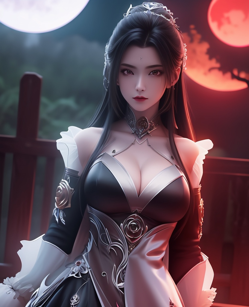 <lora:706-DA-诛仙-陆雪琪-新装束:0.8>(,1girl, ,best quality, ),looking at viewer,  ,,ultra detailed background,ultra detailed background,ultra realistic 8k cg,, ,masterpiece, (( , )),, ,science fiction,mole, ,    ,red moon, black rose,     (cleavage), (),