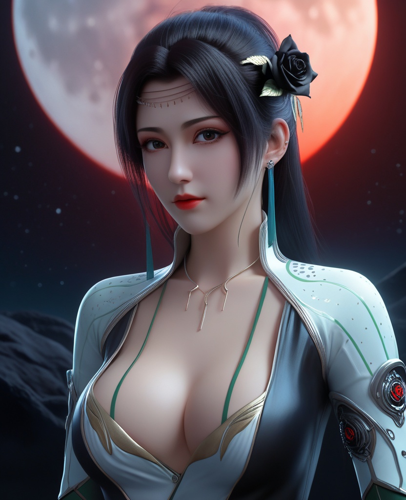 <lora:575-DA-XL-斗破苍穹-云韵-绿服:0.8>(,1girl, ,best quality, ),looking at viewer,  ,,ultra detailed background,ultra detailed background,ultra realistic 8k cg,, ,masterpiece, (( , )),, ,science fiction,mole, ,    ,red moon, black rose,     (cleavage), (),