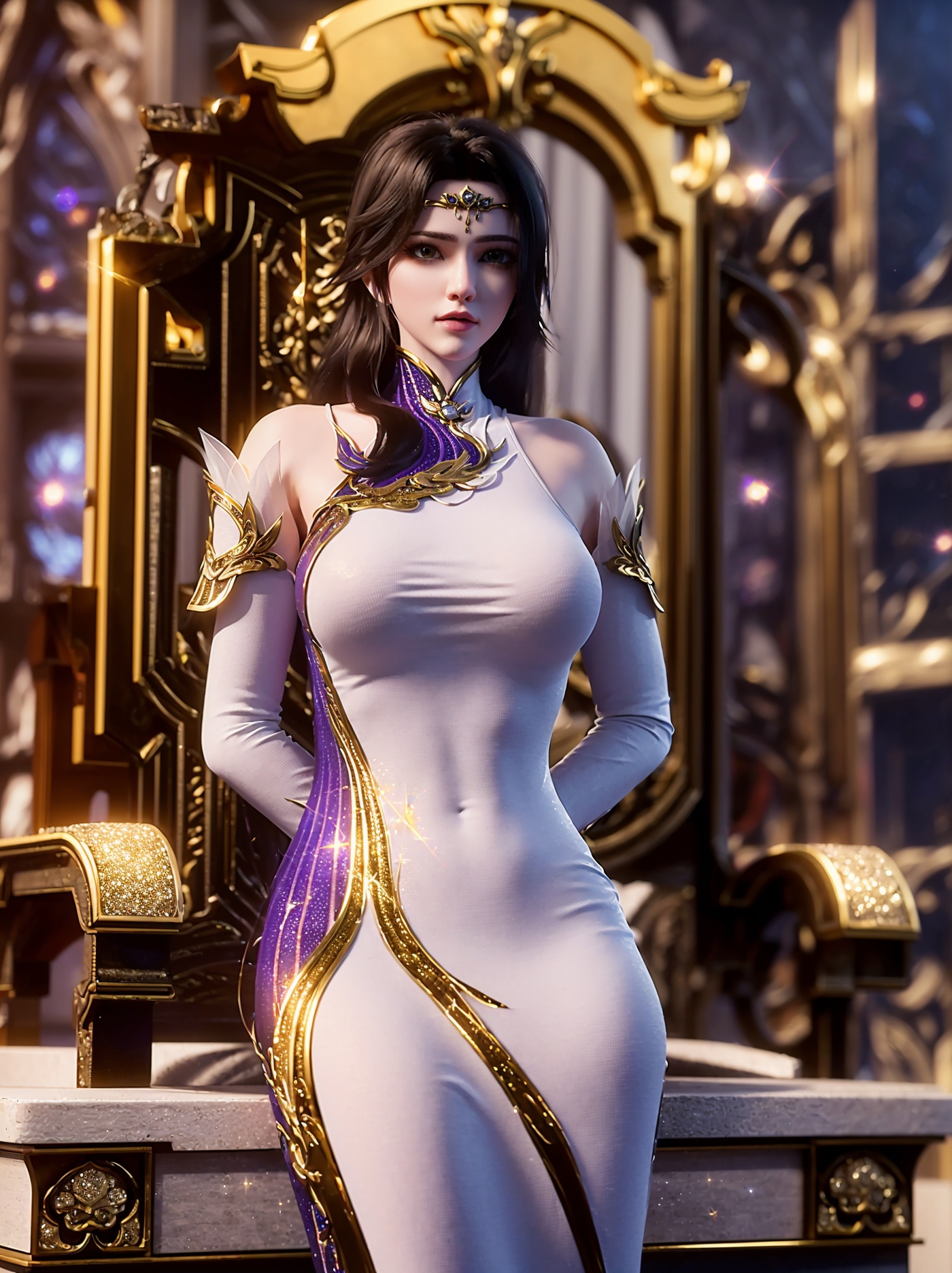 1girl,solo,closed mouth,forehead jewelry,china dress,sitting on throne,(arms behind back),(looking at viewer),(golden architecture),(glass),(((sparkle:1.3,shiny:1.3))),((glowing)),blurry background,depth of field,((cowboy shot)),3d,game cg,Highly detailed,(best quality:1.5,masterpiece:1.5),<lora:20250113-1736790602743-000010:0.85>,xuanyi,