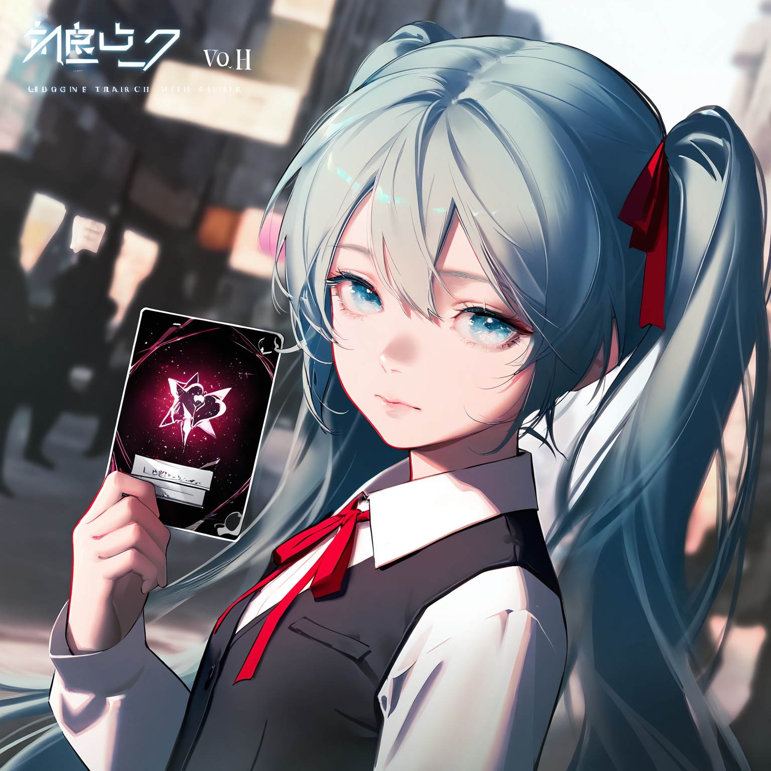 masterpiece,very aware,highres,absurdres,newest,best quality,loli,petite,high quality,chromatic_aberration,cinematic_angle,dutch angle,//,loli,Artist\:spencer sais, 1girl, solo, long hair, hatsune miku, shirt, white shirt, card, looking at viewer, floating hair, holding, cityscape, twintails, collared shirt, upper body, blurry, long sleeves, vest, ribbon, neck ribbon, city, building, from side, song name, red ribbon, closed mouth//,official art,depth of field,detailed light,blurry background,best shadow,shiny skin,cinematic lighting,ray tracing,amazing quality,very aesthetic,absurdres,beast quality,ultra detailed,newest,8K,HDR,//,<lora:touxiang——【noob】hans:0.8>,