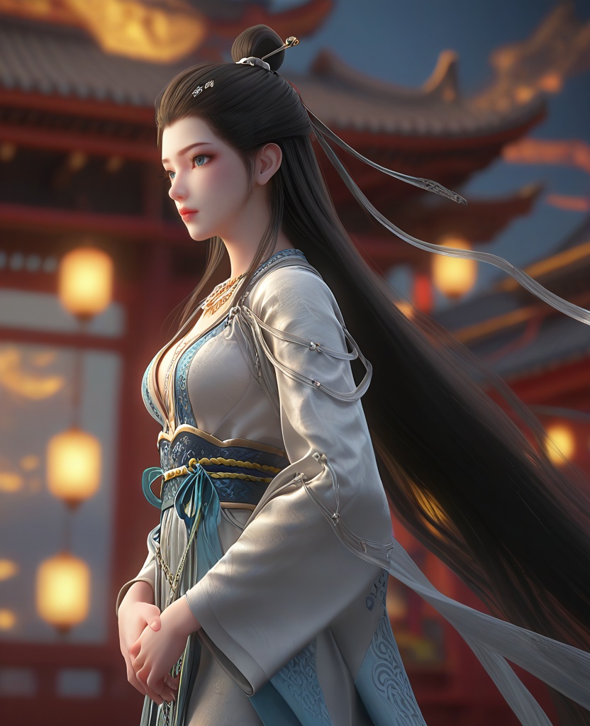 (oriental architecture, elegant decor, sophisticated style:1.1),(hands on ass:1.1),(breasts:1.2),<lora:XL16长生界九州神女兰若:0.95>,miss lanruo,white dress,blue eyes,black hair,very long hair,hair bun,necklace,hanging hair,hair ornament,silk shawl,white bra,sash,blue dress hem,, score_9,score_8_up,score_7_up,score_6_up,score_5_up,score_4_up,3d rendering,tag1,tag2, Cinematic Lighting,backlighting,