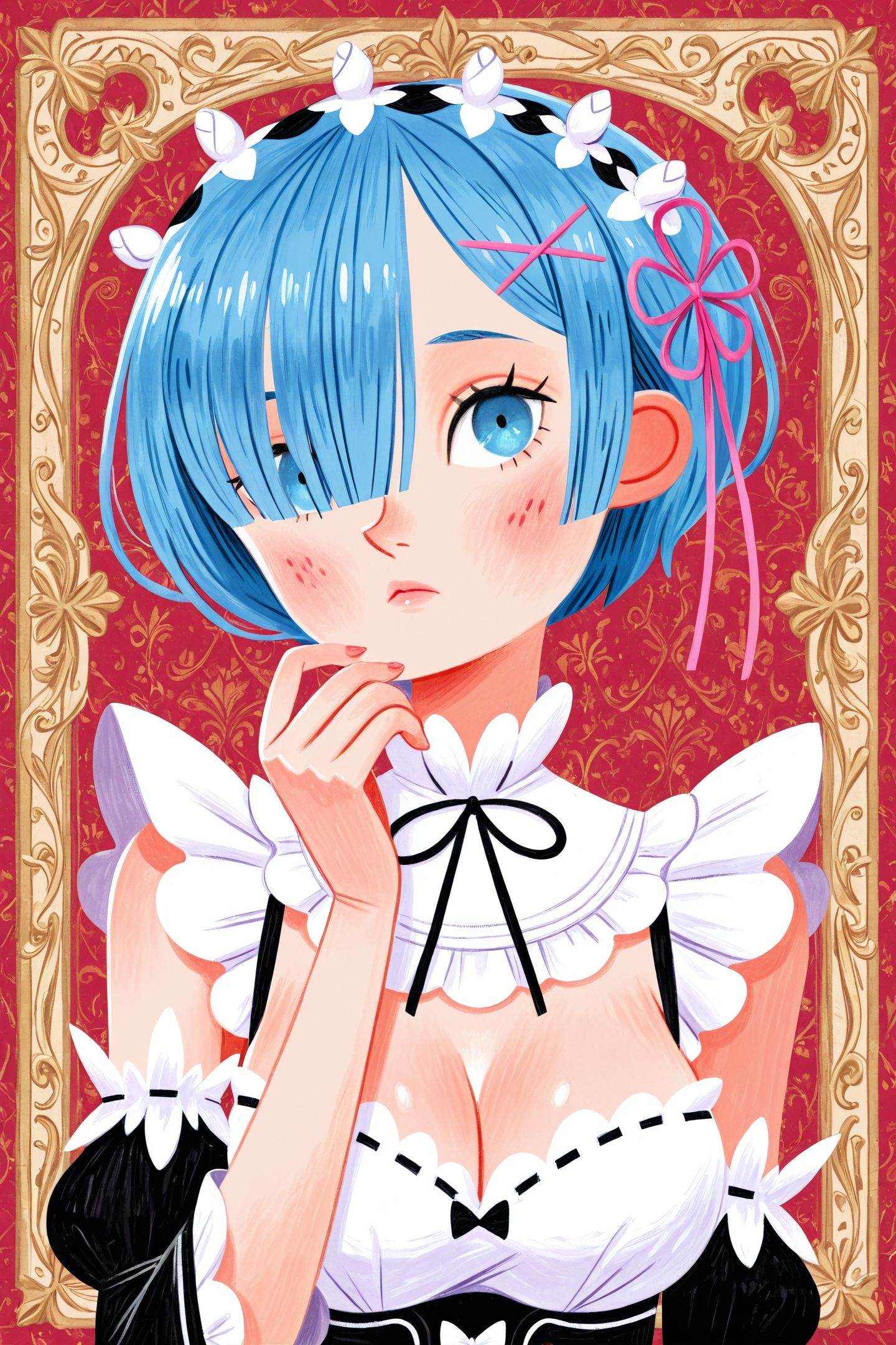 David Sierra Liston Style,1girl,solo,rem \(re:zero\),blue hair,short hair,blue eyes,roswaal mansion maid uniform,breasts,cleavage,hair ornament,maid,detached sleeves,looking at viewer,medium breasts,hair over one eye,x hair ornament,ribbon,upper body,maid headdress,hair ribbon,blush,ribbon trim,frills,ribbon-trimmed clothes,pink ribbon,hand up,<lora:David Sierra Liston_illustriousXL:1>,