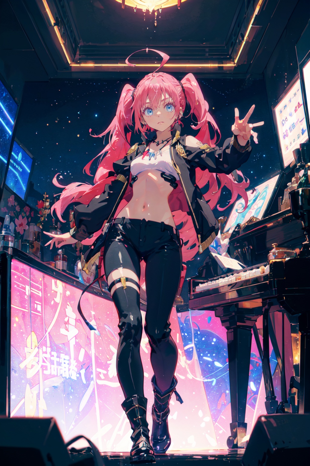1girl,looking at viewer,solo,pink hair,long hair,ahoge,twintails,blue eyes,jewelry,necklace,small breasts,Airline-specific uniform showcasing the brand's logo and color scheme,<lora:Milim (3):0.8>,Milim CYQL,bust,beautiful face,beautiful eyes,glossy skin,shiny skin,Piano, Music stands, Amplifiers, Microphones, Soundproofing panels,beautiful detailed sky,beautiful detailed glow,posing in front of a colorful and dynamic background,masterpiece,best quality,beautiful and aesthetic,contrapposto,female focus,wallpaper,fashion,