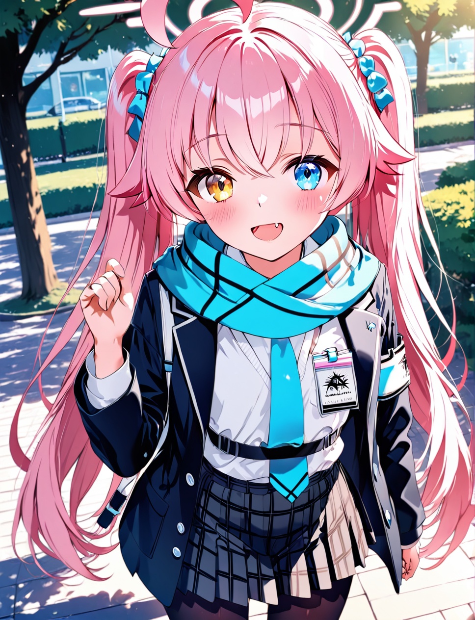 hoshino (blue archive),O,1girl, solo, hoshino (blue archive), heterochromia, skirt, pink hair, long hair, halo, blue eyes, outdoors, pantyhose, ahoge, scarf, long sleeves, looking at viewer, plaid, twintails, very long hair, grey skirt, plaid skirt, jacket, yellow eyes, necktie, white shirt, blush, day, shirt, pleated skirt, smile, blue scarf, bangs, fang, blue necktie, black jacket, tree, open mouth, id card, black pantyhose, hand up, building, hair between eyes, standing, school uniform,(UHD),anatomically correc,ccurate,textured skin,super detail,high details,award winning,best quality,high quality,retina,16k,HD,1080P,8k,