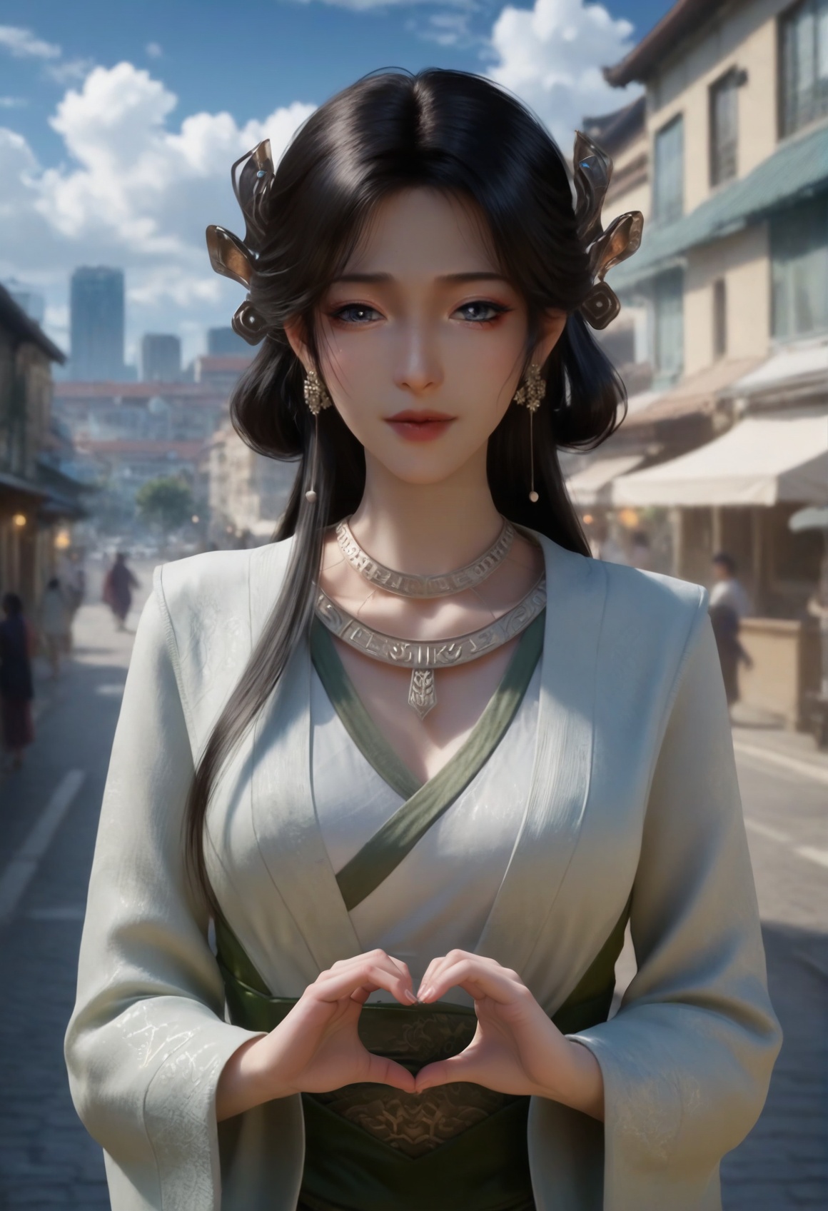 (score_9),<lora:梅凝1-Apony:0.85>,mn,(mature_female:1.1),solo,hair ornament,long hair,black hair,jewelry,earrings,necklace,long long sleeves,robe,<lora:perfect eyes_v1:0.8>,front view,bright pupils,<lora:Expressive_H-000001:0.8>,heart hands,(glamor:1.2),collarbone,pointy breasts,puffy breasts,large breasts,narrow waist,curvy,outdoors,street,blue sky,blur background,building,city,cloud,cloudy sky,day,depth of field,(white_skin:1.1),(fair_skin:1.1),