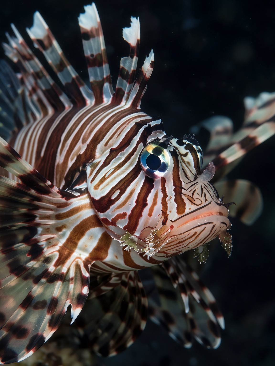 A macro photograph of a lionfish in tight profile against an abyssal black background. The striking creature displays high...