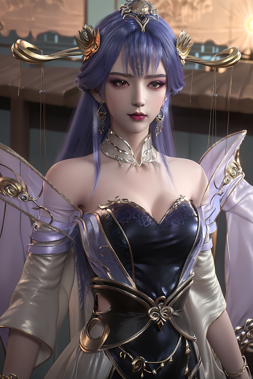 3D,masterpiece,(best quality),(makeup),official art, extremely detailed cg 8k wallpaper,((crystalstexture skin)), (extremely delicate and beautiful),(highly detailed),(face),(1girl), (solo), (jewelry), (earrings),(purple_hair),(long_hair),(hair_ornament),(handwear),(breasts),(standing),(collar),(headgear),(tassel),(long_sleeved),(detached_sleeves,(facial_mark),(bangs),(bracelet),,((tiara)),(hairpin),((crown)),,((upper_body)),(dress),,(multicolored_clothes),(multicolored_dress:1.000),(closed_mouth),(traditional_clothes:1.000),(gown),(shiny_clothes),(closed_mouth),(sunshine, outdoor),((looking_at_viewer)),((Facing the camera)), , <lora:hipoly3DModelLora_v10:0.3>