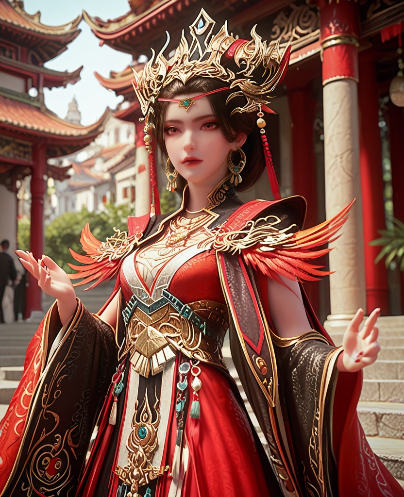 (oriental architecture, elegant decor, sophisticated style:1.1),making sandcastles,(breasts:1.2),<lora:XL完美世界火离城大祭司>,priestess,solo,red dress,black shawl collar,feathers trim,pink eyes,black hair,hair ornament,earrings,jewelry,eyelashes,sash,hollow out long sleeves,white bra,lips,black pelvic curtain,black petticoat,, zPDXL2, score_9, score_8_up, score_7_up BREAK realistic, masterpiece,best quality, highly detailed,, zPDXL3, zPDXL2,zPDXL, zPDXLxxx, zPDXLrl,