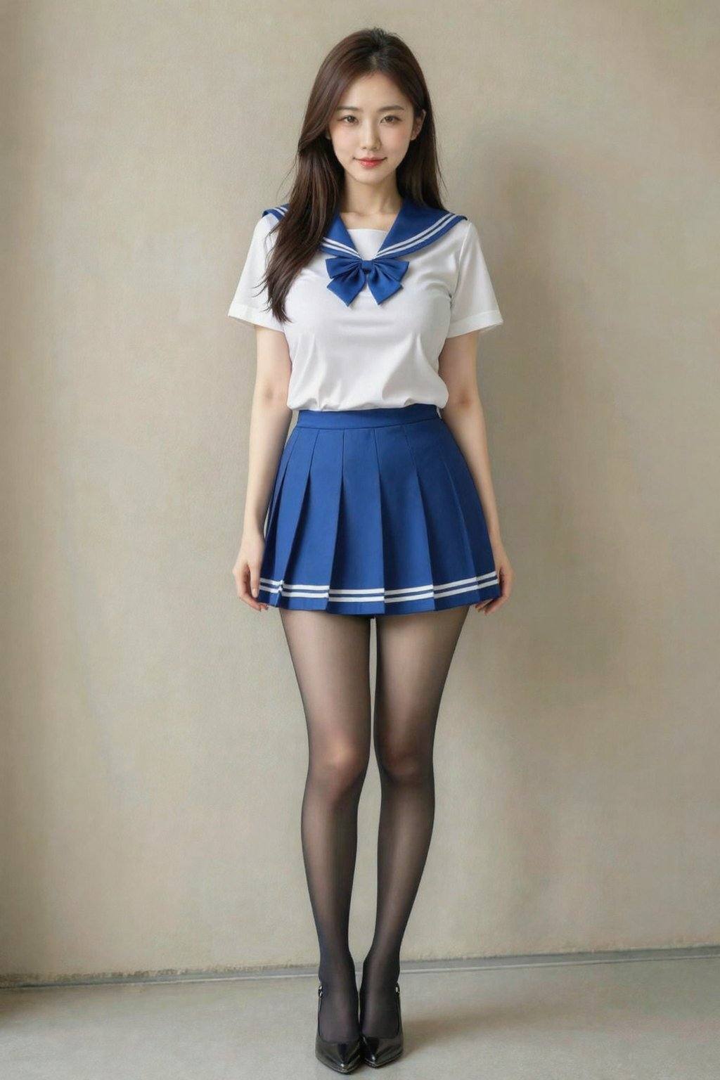 This is a photograph of an Asian woman standing against a plain, beige wall. She has long, dark brown hair and a fair skin tone. She is wearing a Japanese schoolgirl outfit consisting of a white, short-sleeved sailor top with a blue collar and bow, and a blue, pleated mini-skirt with white trim. She also wears sheer black pantyhose and black high-heeled shoes. Her arms are relaxed by her sides, and she is smiling slightly. The floor is a smooth, light gray surface. The overall lighting is soft, highlighting her outfit and creating subtle shadows on the wall and floor.