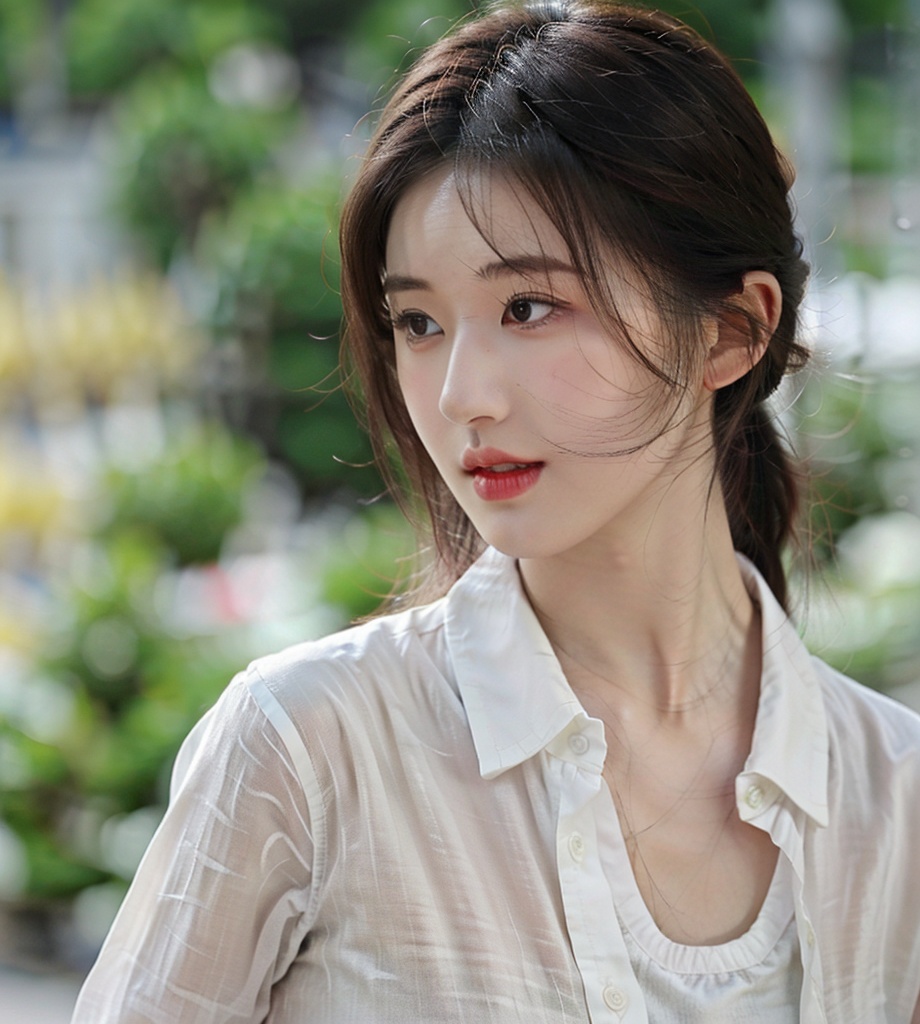 1girl,solo,blurry background,blurry,brown eyes,black hair,portrait,lips,shirt,realistic,white shirt,nose,parted lips,depth of field,brown hair,looking away,short hair,extremely rich skin details,Fair skin(Fair, smooth, with visible veins on the skin),delicate face,