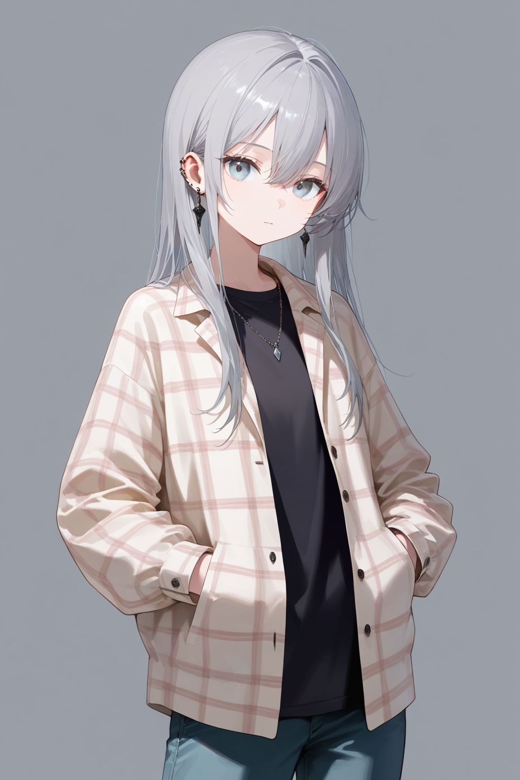 1girl,solo,long hair,looking at viewer,blue eyes,simple background,shirt,long sleeves,white background,hair between eyes,jewelry,closed mouth,standing,grey hair,cowboy shot,earrings,open clothes,pants,necklace,grey eyes,plaid,black shirt,expressionless,piercing,ear piercing,hands in pockets,plaid shirt,