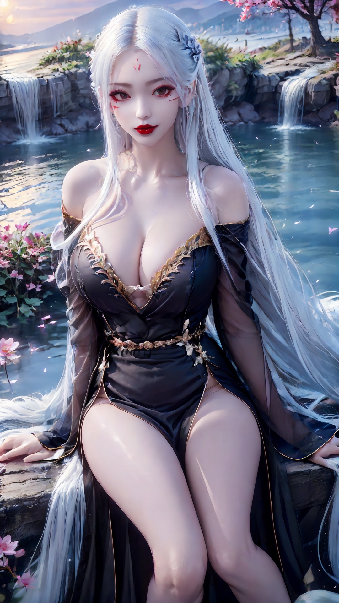1girl, long hair, solo, forehead mark, black dress, white hair, facial mark, sky, dress, looking at viewer, breasts, bare legs, red lips, outdoors, sash, large breasts, tree, long sleeves, very long hair,<lora:girl xiaobai_20240912002955:0.8>,bellyband,<lora:图图的嗨丝（8D黑色红边长筒袜丝_袜）_V1.0:0.7>,