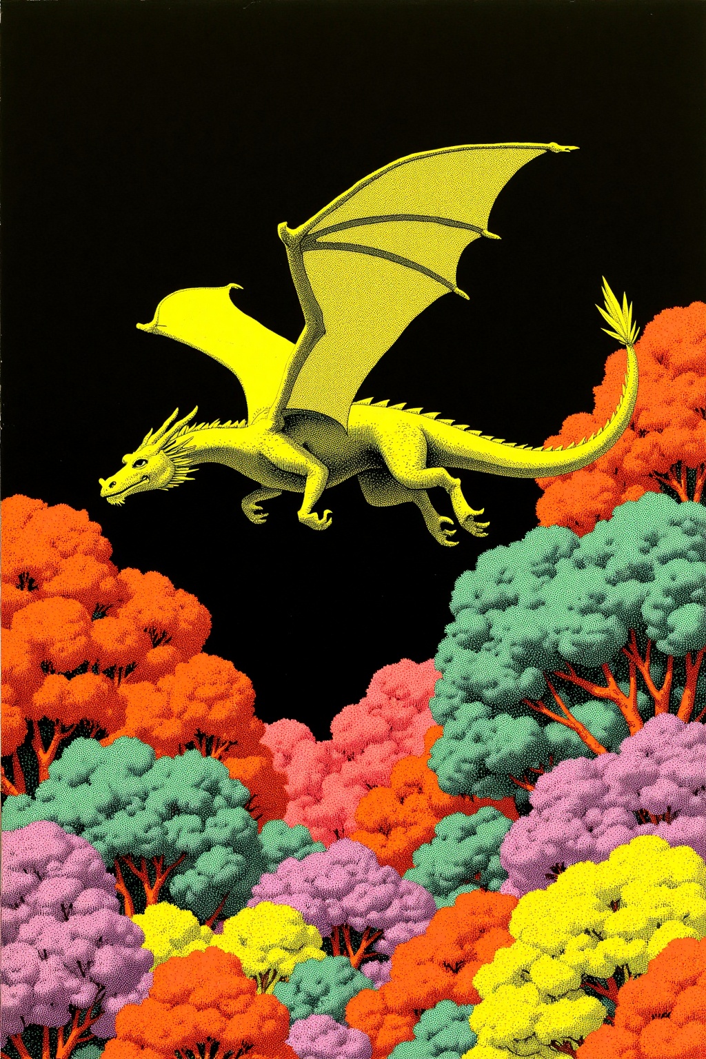 beijihui,Captured in a cartoonish painting, a dragon is soaring through the air. The dragon's wings are a vibrant shade of yellow, while its tail is a darker shade of green. The wings are spread wide, adding a pop of color to the scene. The background is a dark shade of black, creating a contrast to the vibrant colors of the dragon and the surrounding trees. The trees are a mix of green and red, while the rest of the trees in the background are a lighter shade of purple. The sun is shining on the right side of the image, adding depth to the composition.