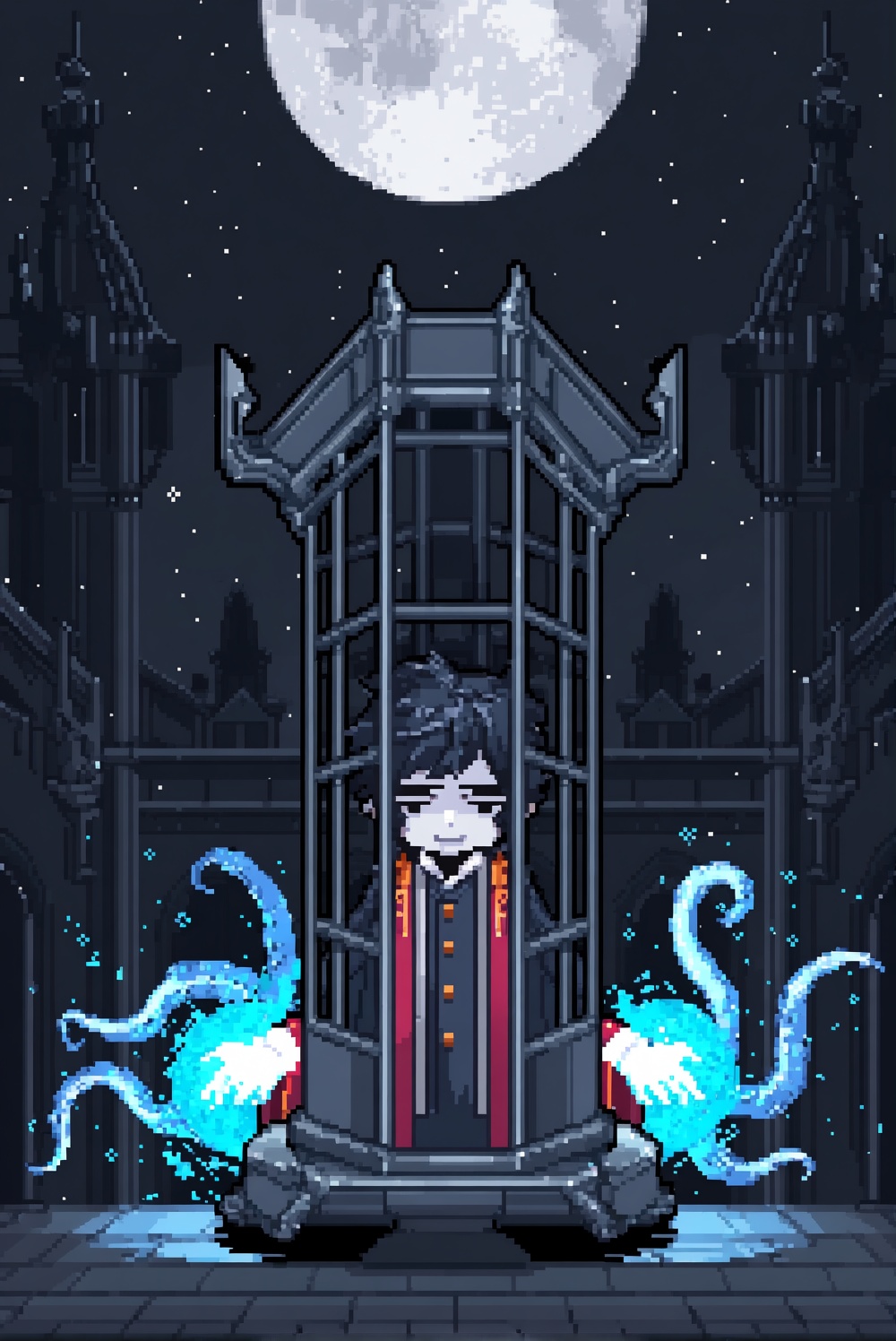 @mingtianjian. Micolash,  pixel art character sprite,  pale face visible through a tall iron cage with dark gray bars on T...
