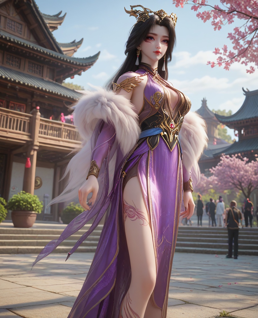 (oriental architecture, elegant decor, sophisticated style:1.1),(Standing with hands in pockets, looking casual,:1.1),(breasts:1.2),<lora:XL16百炼成神司妙玲:0.95>,miss simiaoling,purple dress,purple eyes,lips,eyeshadow,facial mark,black hair,long hair,hair ornament,earrings,jewelry,fur shawl,sash,black underskirt,anklet,leg tattoo,barefoot,, zPDXL2, score_9, score_8_up, score_7_up BREAK realistic, masterpiece,best quality, highly detailed,, zPDXL3, zPDXL2,zPDXL, zPDXLxxx, zPDXLrl,