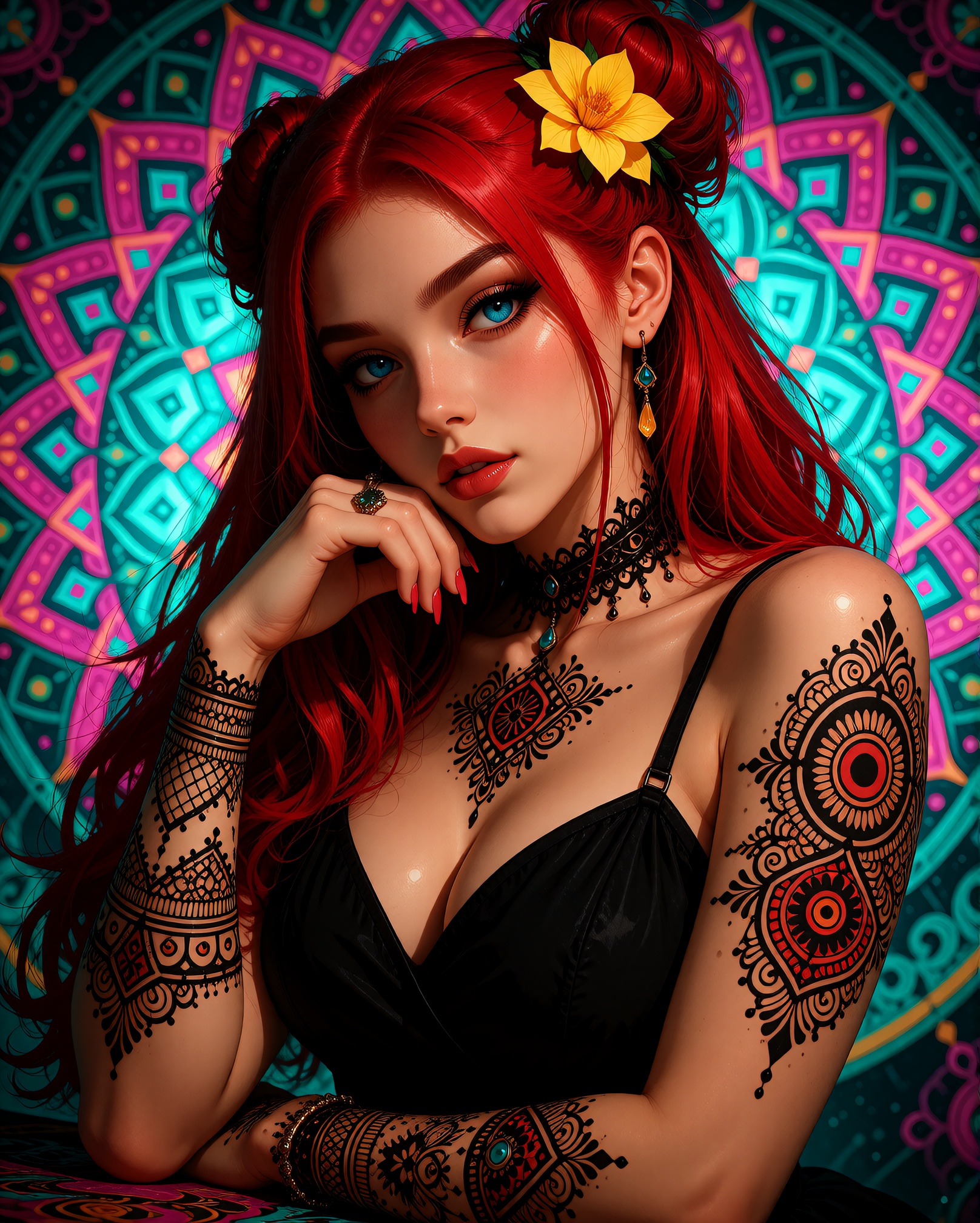A beautiful ***** woman with long,  vibrant red hair styled in two buns,  adorned with a yellow flower in her hair. she ha...