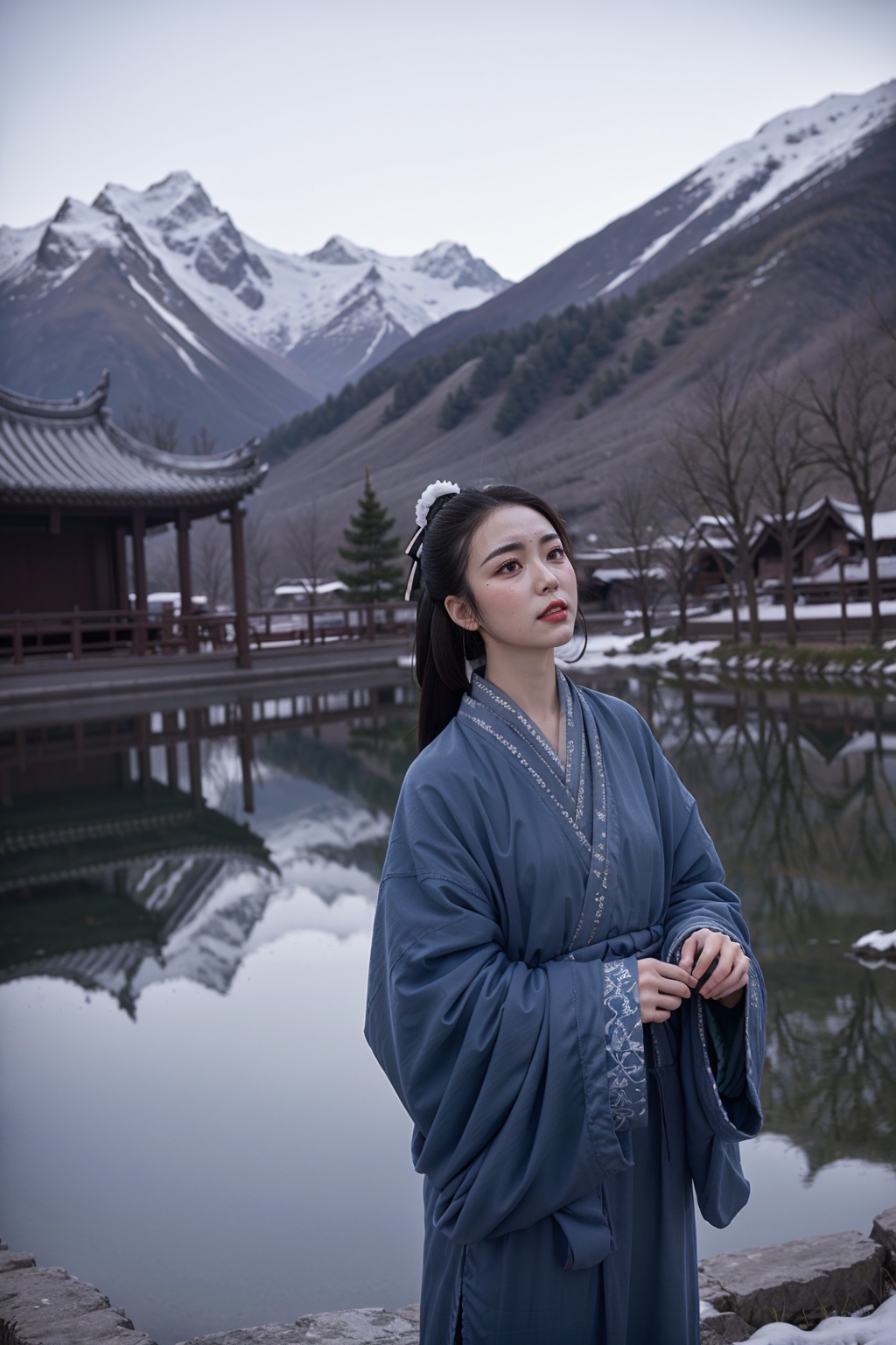 (1girl:1.3), (best quality, masterpiece, ultra high resolution),(photorealistic:1.3), (realistic:1.3), depth of field,(outdoors:1.2), (day:1.2), (cinematic lighting:1.2), (red hanfu: 1.9), (snow mountain background: 1.3)