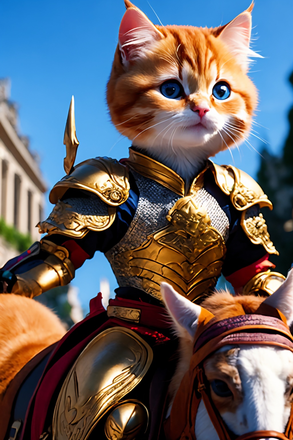 Again_Cat_v1, 1other, ambiguous gender, animal, animal focus, armor, black eyes, blue eyes, blurry, blurry background, cat, chainmail, closed mouth, gauntlets, horse, kitten, looking at viewer, no humans, outdoors, pauldrons, reins, riding, saddle, shoulder armor, solo, whiskers, yellow cat, <lora:Again_Cat_Lora:1>