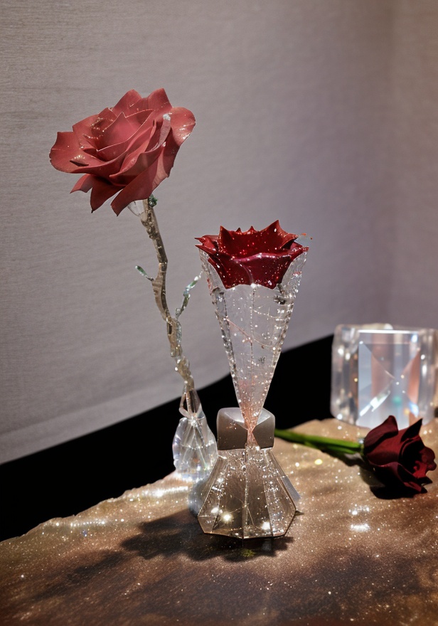 blurry, cnliuli, crystal,sparks,flower, artist name, blurry, english text, book, no humans, sparkle, shadow, rose, red flower, gem, red rose, crystal, still life, cosmetics, <lora:SD1.5_CNliuli.64:0.7>
