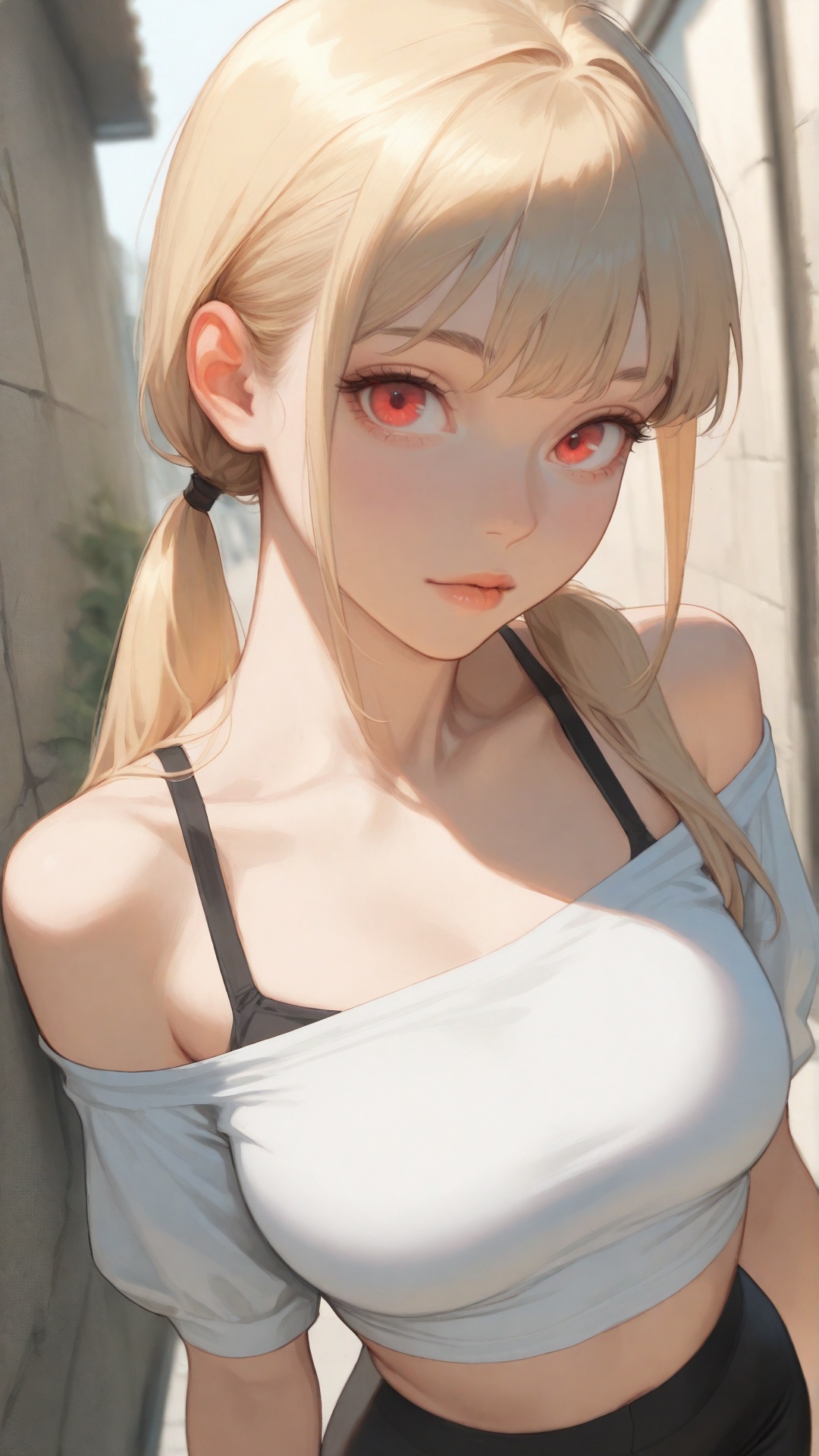 masterpiece,best quality,amazing quality,very aesthetic,absurdres,newest,detailed eyes, A professional,high-quality, portrait of a woman. upper body view, 1girl,milf, long straight hair, blonde_haired_woman, two sideparted low ponytails, black leggings, crop top, off the shoulder, red eyes, maid, selfconfident posing, looking at viewer. depth of field,focused subject,dynamic angle,dutch view,dynamic motion, cheeky, casual, wall, outdoor. anicomeij art style overlay, anicomeij character design overlay   <lora:anicomeij-IL01:1>