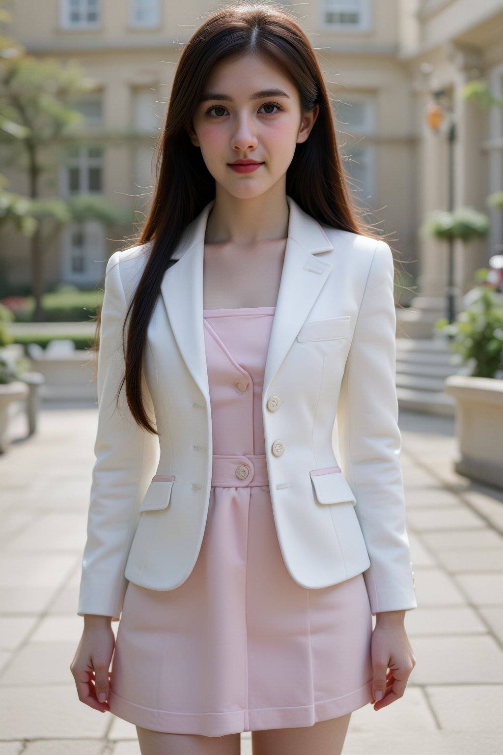 female model young ***** long dark brown hair straight parted center standing upright wearing white blazer with pink trim...