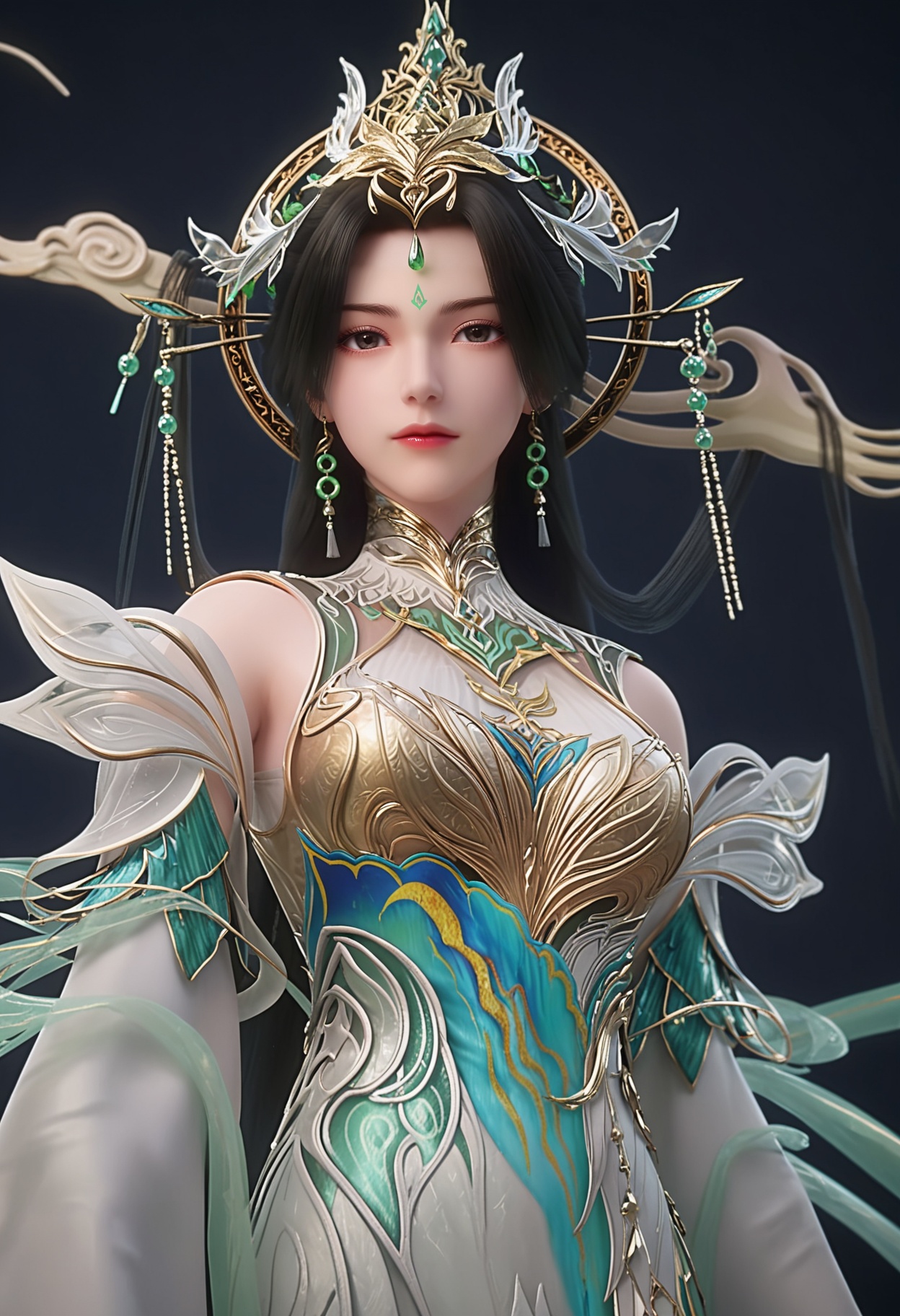 perfect_anatomy,score_9,(upper_body:1.1),looking_at_viewer,<lora:YQ_pony_liushen_wudidao_V3:0.8>,1girl,q1528437228,solo,hair ornament,long hair,black hair,dress,jewelry,earrings,forehead mark,chinese clothes,facial mark,white dress,bare shoulders,green dress,long sleeves,detached sleeves,brown hair,perfect_anatomy BREAK perfect_anatomy,simple background,black background,(shiny_skin),(Ivory_skin:1.1),(cinematic lighting),