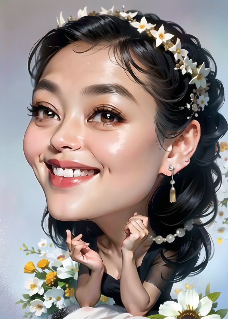 1girl,solo,jewelry,earrings,smile,black hair,mole,realistic,black eyes,grin,looking at viewer,bouquet,white dress,lips,simple background,datou,, (best quality:1.5), (masterpiece:1.5), (super Realistic:1.5),(high detail:1.5)