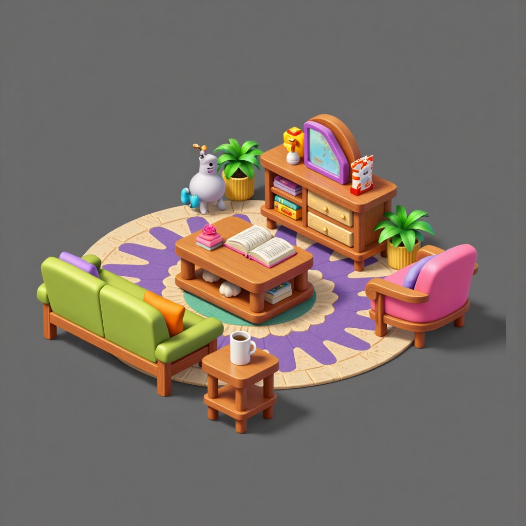 XJbuilding,XJ building,A detailed CGI illustration of a cozy, cluttered living room with a round rug, featuring a wooden coffee table with a book, coffee mug, and snacks. Surrounding the table are plush toys, a green couch, pink chair, and a small plant on a wooden cabinet. The room is vibrant and whimsical, with a gray background.