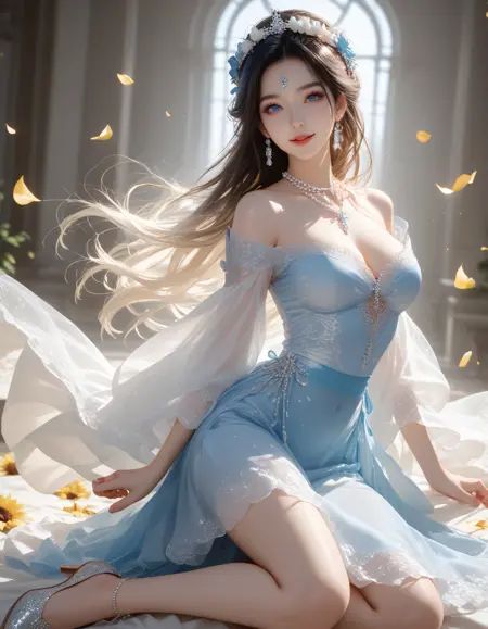 zPDXL3, safe_pos, score_9, score_8_up, source_realistic, source_anime,8k, best quality, ultra high res, sharp focus,masterpiece, expressive, digital art, cinematic,intricate details, extremely detailed, Unreal Engine,cinematic light, photo studio lighting,dramatic angle, dynamic camera angle, unique perspective, unique angle, wide angle, dutch angle, foreshortening,establishing shot, graceful stretching angle,Diffuse lighting, (sfw:1.3),Agfa APX 400, Ektar 100, Flash Photography,1girl, , seductive smile, hanfu, natural breasts,, ExpressiveH,blurred eyes, innocent, lovely face,big eyes, beautiful detailed eyes, very detailed eyes, detailed beautiful delicate face,realistic humid skin, detailed skin,sexy pose, sensual posture, graceful pose, curvy, scenery, perfect legs,erotic posture, sexual intent, sensual, alluring, voluptuous,(dynamic pose:1.3), (more detail:1.3),blurry background,beautiful sunflower girl with golden petals, dark center, and sun-following gaze xianxia maiden, cobalt blue dominant color dress with hessonite cinnamon with grossular garnet spice and divine midnight blue secondary tones, smooth silk fabric with lustrous sheen surface texture,wearing elegant festive qipao with celebration motifs with interfaced collar with shape retention collar and delicate light chiffon hanfu top over silver wide flowing sleeves with ornamented details sleeves,transparent gauze overskirt with brocaded details with chapel train with moderate length and graceful ornamented belt with pearl chains belt, shimmering soft leather shoes with jade buckle footwear,facial features: humble modesty with downward glance expression, snow brows with winter purity eyebrows, sacred delicate eyeliner with long lashes eye makeup, ancient blue water-drop huadian forehead markings,hair styling: fragrant loose hair with flower crown and snow hair whiteness with winter purity hairstyles,accessories: phoenix silver butterfly hairpin with crimson details hair ornaments, shimmering golden earrings jewelry, glorious embroidered hand fan as accessory and mechanical bird with automated song additional accessories,pose: classical Greek inspired pose with draped toga and golden ratio composition in blacksmith's forge with glowing embers environment with embroidered cloudy mountain peak background,atmosphere: poppy meadows red abundance seasonal elements, soft cloud filtered light with diffused glow lighting effects