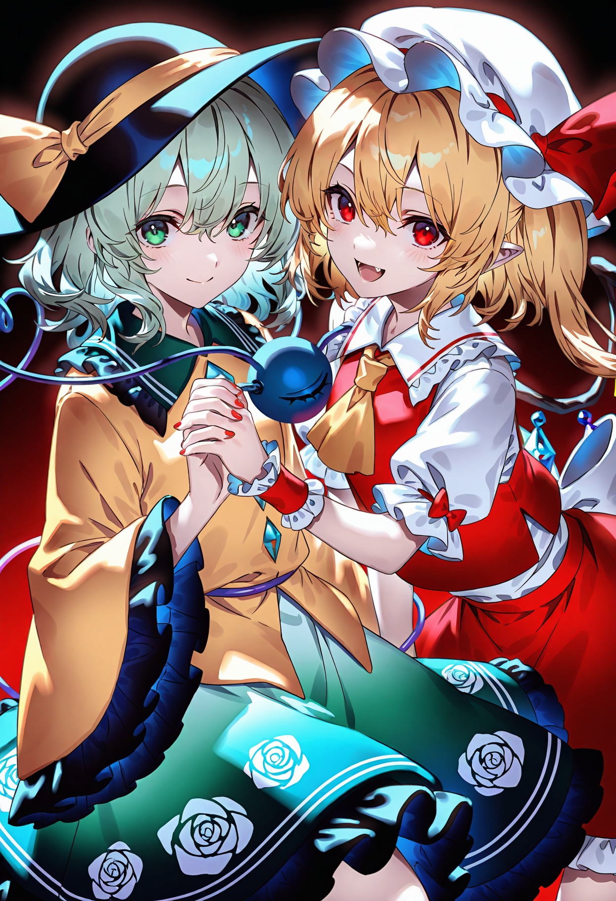 u u zan,touhou,flandre_scarlet,komeiji_koishi,2girls,ascot,black_hat,blonde_hair,blush,buttons,closed_mouth,collared_shirt,contrast_collar,crystal,crystal_wings,diamond_button,eyeball,floral_print,frilled_shirt_collar,frilled_skirt,frills,green_eyes,green_hair,green_skirt,hat,long_hair,long_sleeves,mob_cap,multicolored_wings,multiple_girls,one_side_up,open_mouth,pointy_ears,print_skirt,red_eyes,red_nails,red_skirt,red_vest,rose_print,shirt,short_sleeves,skirt,skirt_set,smile,third_eye,vest,white_hat,white_shirt,wings,wrist_cuffs,yellow_ascot,yellow_shirt,