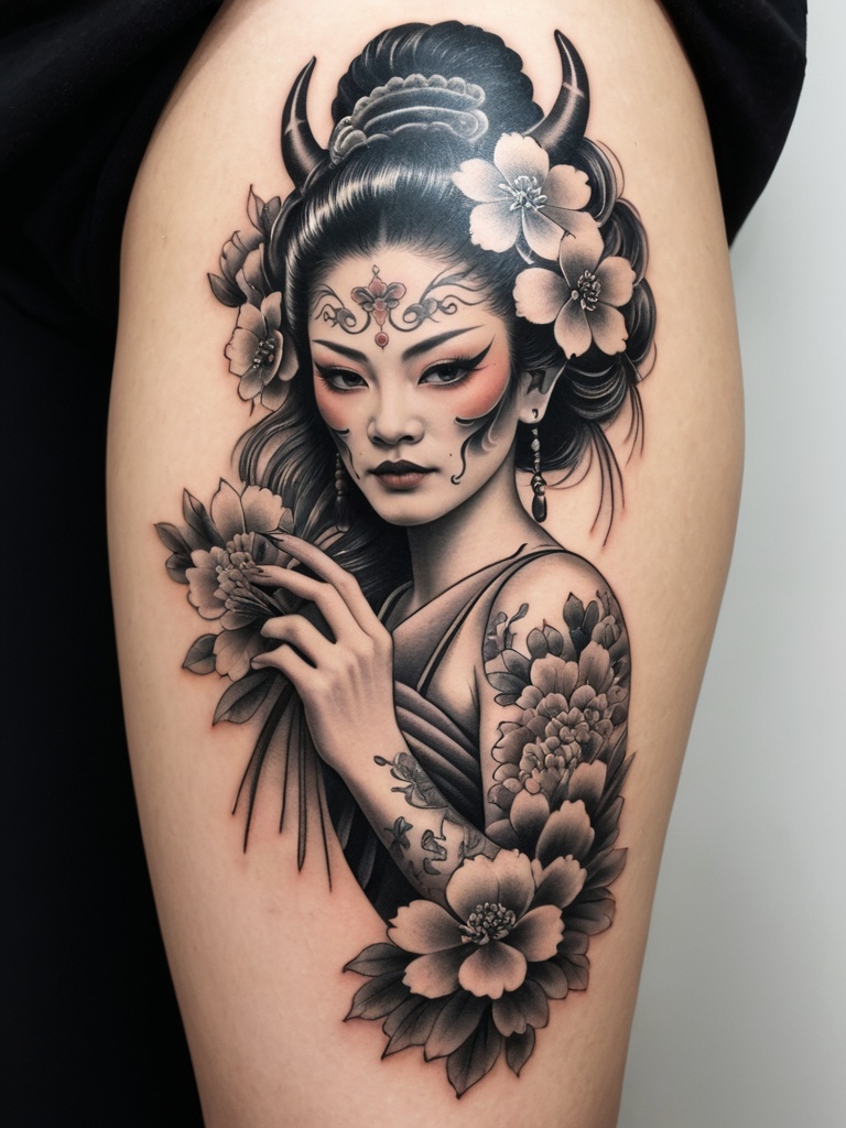tattoo,  tattoo style,  depiction of a woman with intricate details. She has a traditional Japanese hairstyle adorned with...