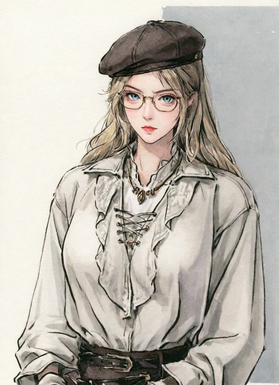((very awa)),(solo),highly detailed,(best quality),((masterpiece)),1girl,chi,<lora:鸽正则nbXL:0.3>,ge,<lora:chi正则100nbXL:0.8>,traditional media,painting \(medium\),looking_at_viewer,large breasts,mature_female,simple background,yeguyi,white shirt,hat,gloves,belt,jewelry,long hair,blue eyes,necklace,long sleeves,blonde hair,upper_body,<lora:叶骨衣nbXL-000010:0.7>,watercolor \(medium\),glasses,