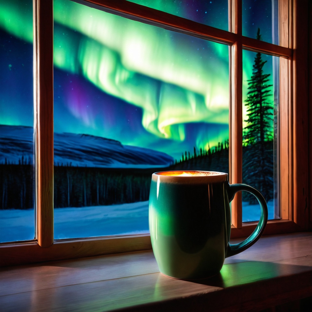 scenenorthlight,  a ceramic coffee mug,  cabin window table on Tensor.Art