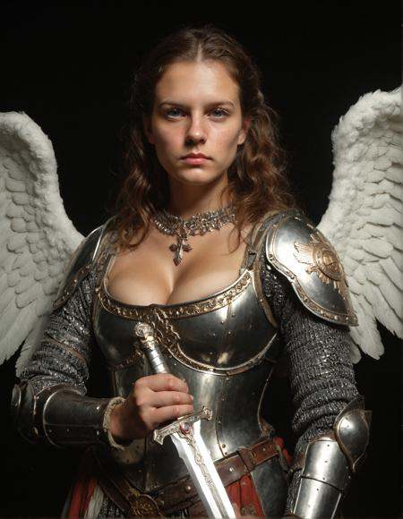 score_9,score_8_up,score_7_up,Baroque Fantasy Realism,1girl,angel,armor,angel wing,dramatic lighting,cinematic,dramatic shadow,standing,holding sword,realistic,photo,cleavage,upper body,looking at viewer,front view